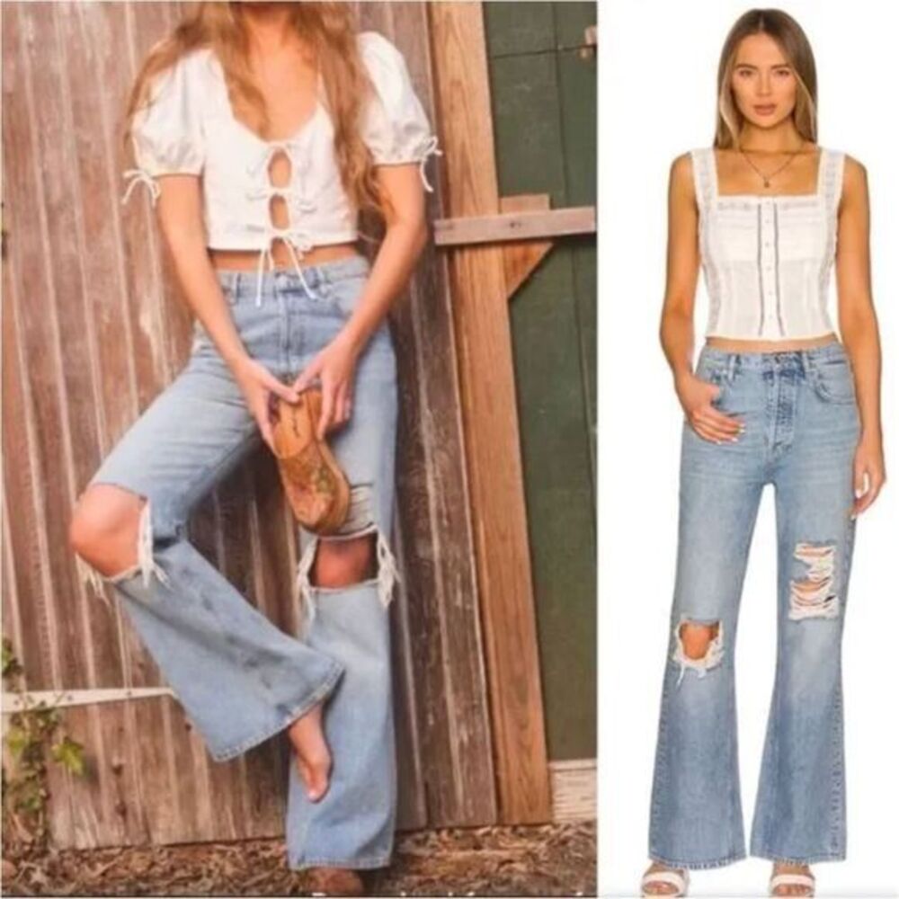 Free People Light Blue Distressed Straight Leg Jeans